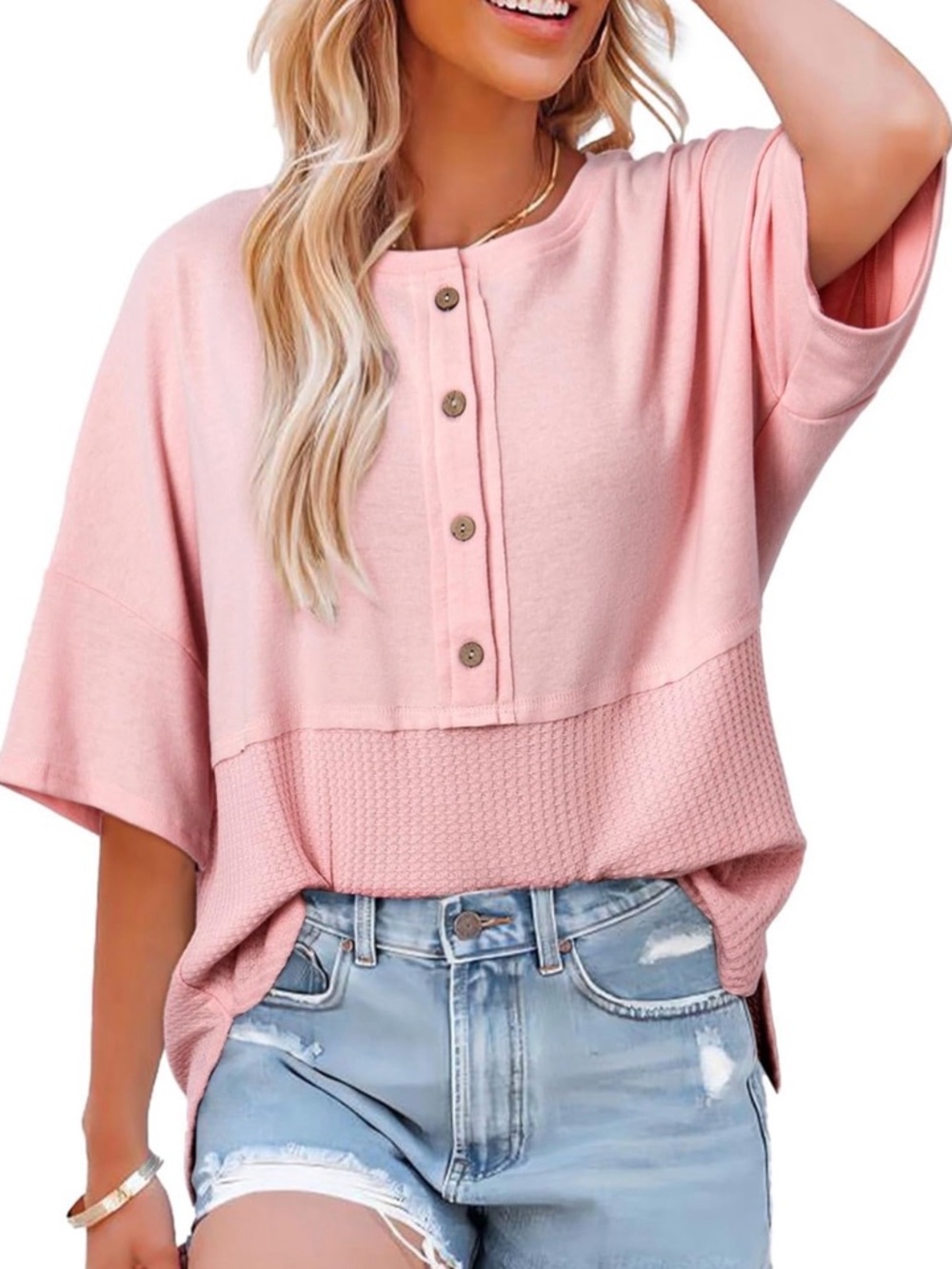 Blush Pink Short-Sleeve Henley Top